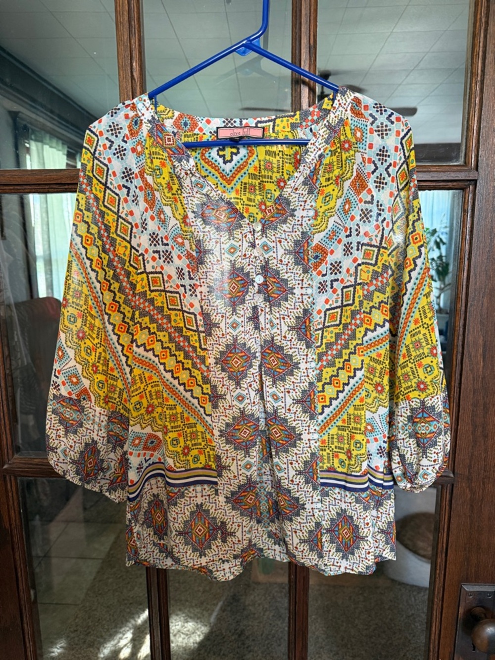 Olive‎ Hill Women Yellow Geometric Tribal Print Sheer Boho Blouse 3/4 Sleeve Sm